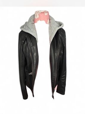 Blank NYC Black Faux Leather Jacket with Gray Hood Trim